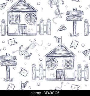 A seamless pattern with seaside houses, fences, anchors, and flags. A hand-drawn ink sketch of a coastal landscape. Vector illustration for textile Stock Vector