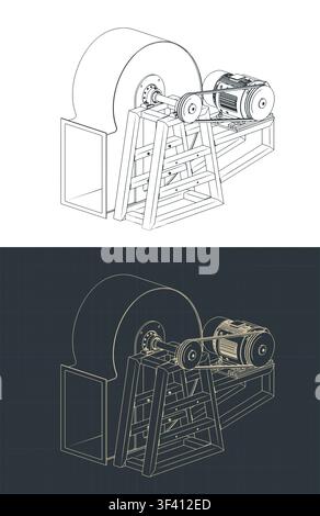 Industrial centrifugal blower fan technical isometric drawings, stylized vector illustrations Stock Vector