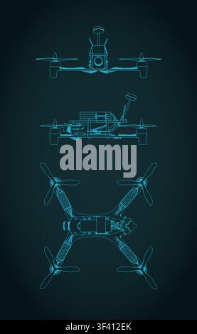FPV drone quadcopter blueprints, stylized vector illustration Stock Vector