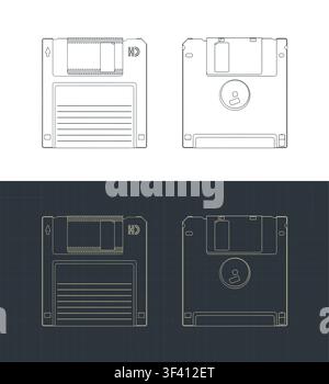 Retro 3.5-inch floppy disk blueprints; stylized vector illustrations Stock Vector