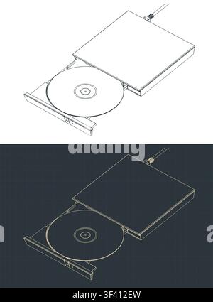 External USB CD DVD drive with disc open isometric blueprint stylized vector illustrations Stock Vector