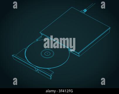 External USB CD DVD drive with disc open isometric blueprint stylized vector illustrations Stock Vector