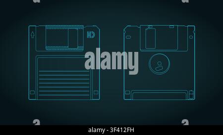 Retro 3.5-inch floppy disk blueprints; stylized vector illustration Stock Vector