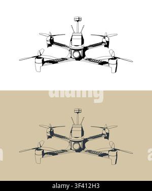 FPV drone quadcopter stylized vector illustrations Stock Vector