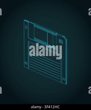 Retro 3.5-inch floppy disk isometric blueprint; stylized vector illustration Stock Vector