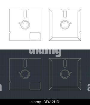 Retro floppy diskette front and back view blueprints; stylized vector illustrations Stock Vector