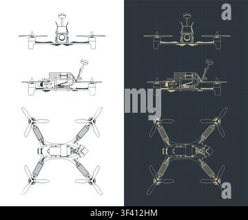 FPV drone quadcopter blueprints, stylized vector illustrations Stock Vector