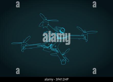 FPV drone quadcopter isometric blueprint, stylized vector illustration Stock Vector