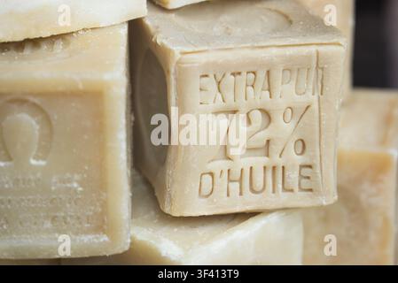 Traditional French Savon de Marseille olive oil soap cubes displayed at a market in Les Baux-de-Provence, Bouches-du-Rhône, France. Stock Photo
