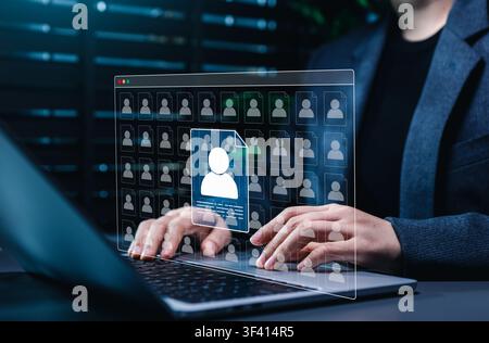 Customer profile database management concept. digital user records, highlighted client file, contact data archive, identity search, CRM organization, Stock Photo