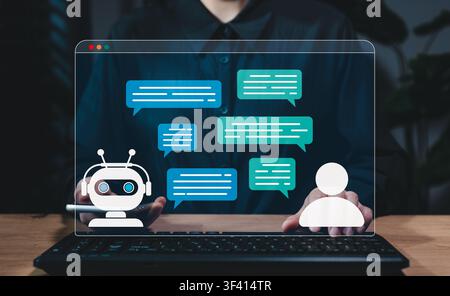 Generative AI chat platform concept. User interact with virtual assistant interface, message bubbles, prompt conversation, AI answer workflow, languag Stock Photo