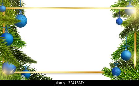 Christmas and New Year golden frame with blue Christmas balls and pine tree isolated. Template banner with shiny elements. Realistic rectangle festive Stock Vector