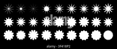 Set of white stars icons. Star shapes collection. Minimalist simple stars pack. Christmas star objects isolated on black background. Vector illustrati Stock Vector