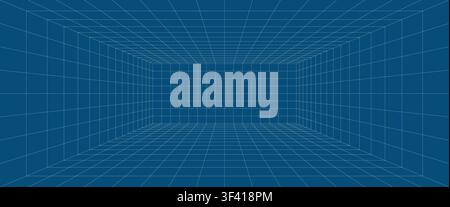 Grid box perspective 3d perspective digital background in blueprint style. Cyberspace wireframe laser mesh virtual reality metaverse abstract. VR game Stock Vector