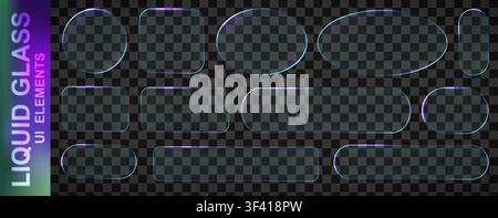 Realistic raibow glassmorphism style basic IU mockup elements isolated on transparent background. Neon glass transparent frame collection. Blur grass Stock Vector