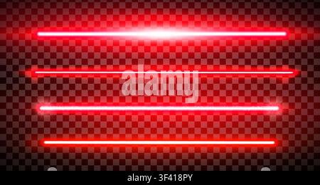 Red lazer straight lines pack isolated. Neon glowing laser beam effect. Fluorescent LED electric luminous line. Led light halogen dynamic diode. Vecto Stock Vector