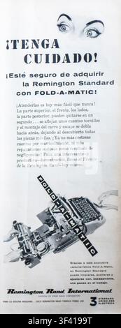 Mid-century Spanish-language print advertisement for the Remington Standard typewriter with Fold-A-Matic technology, manufactured by Remington Rand International (a division of Sperry Rand Corporation). Heading with °Tenga Cuidado! (Be Careful!), the illustration shows wide eyes at the top and a technician demonstrating the machine's hinged assembly. The text highlights how top, front, side, and rear panels easily detach to expose moving parts, simplifying maintenance, cleaning, and repairs in modern office environments. Stock Photo
