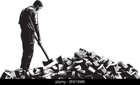 Man splitting several days worth of firewood for home heat source. Wood is for a furnace, wood burning cook stove, campfire, Living in the woods. Stock Vector