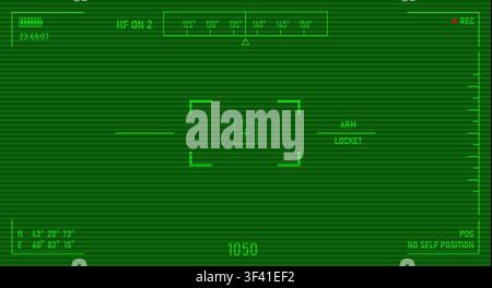 Night vision mode military viewfinder overlay. DSLR camera viewfinder template. Tank modern optics mockup. Security screen camera. Aiming view. Vector Stock Vector