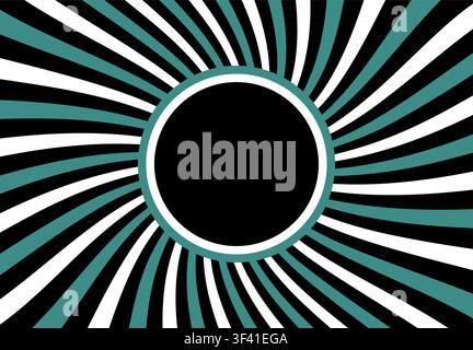 Sunbeam style cyan, black and white abstract background. Symmetrical radial spiral ornamental manga pattern. Summer poster. Flat style line texture. V Stock Vector