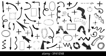 Set of black grunge doodle hand drawn arrows, plus signs and border frames isolated on white background. Sketch style ink symbols collection. Vector i Stock Vector
