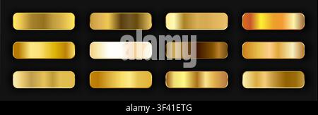 Realistic gold gradient texture pack 12 in 1. Fill and stroke effects. Shiny golden metal foil gradient set. Golden buttons with shadows. Vector illus Stock Vector