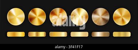 Radial realistic gradient gold metallic pack isolated on black background with shadows. Golden chrome circle and rectangle button or award medal set. Stock Vector