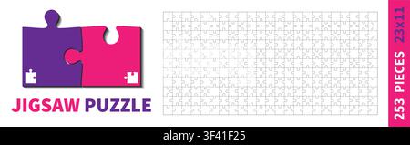 Detailed various shapes puzzle grid. Jigsaw puzzle blank template. 23x11 shapes, 253 pieces. Separate matching puzzle elements. Vector illustration Stock Vector