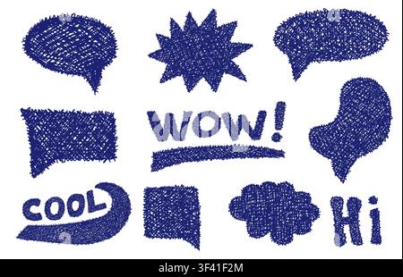 Set of blue grunge doodle hand drawn text bubbles and stickers isolated on white. Sketch style ink symbols collection. Vector illustration Stock Vector