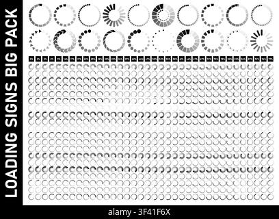 Big black adn white download signs template pack isolated. Load icons. Data loading bars with percentage 0-100%. Vector illustration Stock Vector
