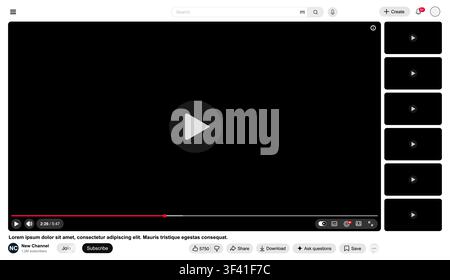 Black and white video player template with side playlist for web and mobile apps flat style. Vector illustration Stock Vector