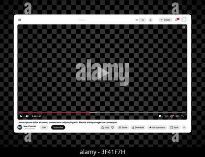 Black and white video player template for web and mobile apps isolated on transparent background. Vector illustration Stock Vector