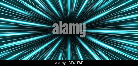 Realistic cyan hyperspace travel tunnel background. Abstract with open space star warp. Speed of light journey concept. Vector illustration Stock Vector