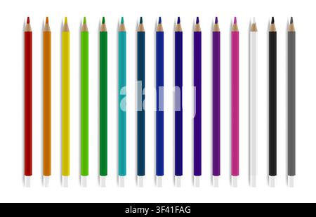 Wooden realistic color pencils with shadows pack isolated on white background. Drawing colors, multicolors. Back to school concept. Vector illustratio Stock Vector