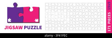 Detailed various shapes puzzle grid. Jigsaw puzzle blank template. 19x9 shapes, 171 pieces. Separate matching puzzle elements. Vector illustration Stock Vector