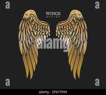 Realistic golden wings from angel or demon. Isolated hand-drawn wing. Vector illustration for tattoos, t-shirts, stickers, web, games, advertise. Stock Vector