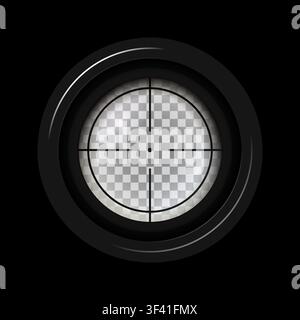 Photorealistic detailed sniper rifle scope aim isolated on black background. Crosshair holographic sight. Aim shoot focus cursor. Bullseye mark target Stock Vector