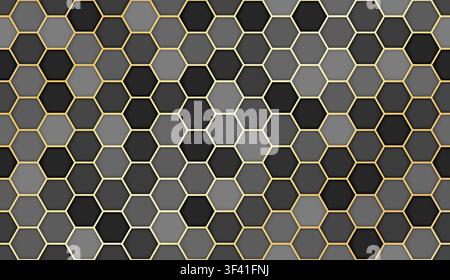 Hexagonal seamless black and gold tiles texture. Hexagon kitchen tile pattern. Ceramic grey and golden tiles pattern. Vector illustration Stock Vector