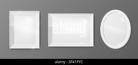 Realistic vintage classic photo frames pack mockup with ineer glass isolated on grey wall background. Rectangle, oval borders. Invitation, sale, memor Stock Vector