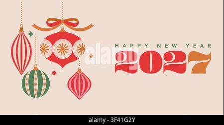 Greeting card for 2027 New Year with hanging Christmas balls. Vintage Xmas tree decor baubles with wishing happy holiday. Bright toys in red and green. Design for flyer, web, posters, banners. Vector Stock Vector