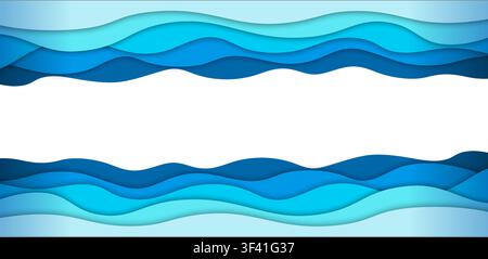 Metallic shiny blue water waves layered art paper wide card. 3D origami design isolated on white background. Vector illustration Stock Vector