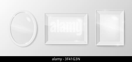 Realistic vintage classic photo frames pack mockup with ineer glass isolated on white wall background. Rectangle, oval borders. Invitation, sale, memo Stock Vector