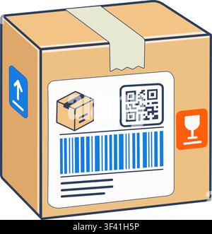 Shipping Box with Barcode and QR Code Label Stock Vector