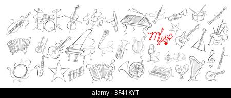 A set of musical instruments in one line . Hand drawn. Not AI, vector illustration. Stock Vector