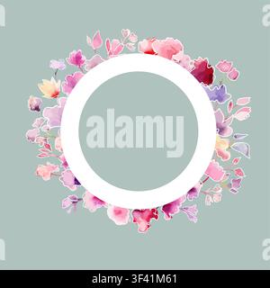 Greenery and red flowers, Round banner, watercolor tiny floral elements . Hand drawn. Not AI, vector illustration. Stock Vector