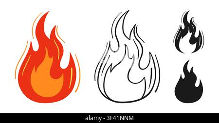 Cartoon fire doodle collection. Bonfire, campfire, fireball and wildfire line silhouette symbols. Burning blaze icons for logo, branding and graphic design. Vector illustration set Stock Vector