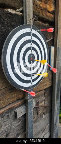 Angled View of Dartboard with Colorful Darts on Rustic Wooden Wall Stock Photo