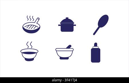 kitchen utensils vector icon set -frying pan -cooking pot-spoon - bowl-mortar and baby bottle flat icons. Stock Vector