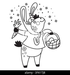 Cute cartoon unicorn dressed as Easter bunny with a carrot and basket of eggs. Isolated vector illustration in doodle style. For kids design of prints Stock Vector