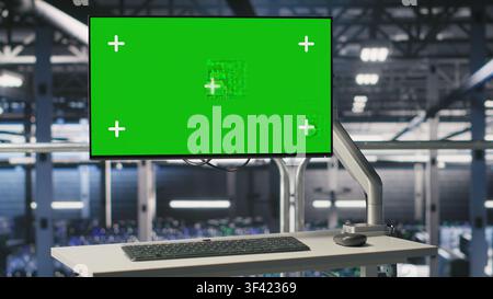 Server hub green screen computer monitoring systems processing deep learning datasets for AI workflows. PC chroma key displays tracking hardware supporting artificial intelligence model development Stock Photo